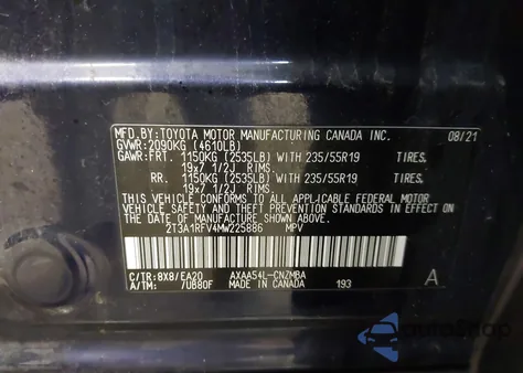 2021 Toyota Rav4 Xle Premium z USA, uszkodzony, nr VIN 2T3A1RFV4MW225886